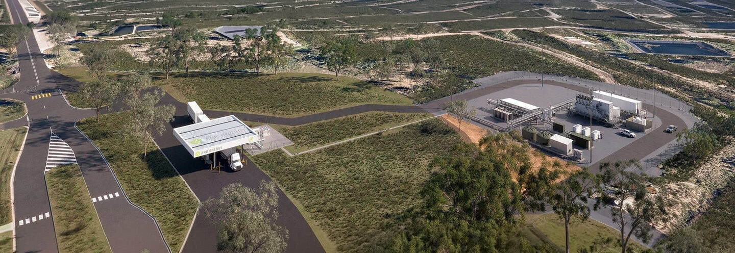 Aerial view of the proposed SunHQ Hydrogen Hub site showing roads, buildings and surrounding development.