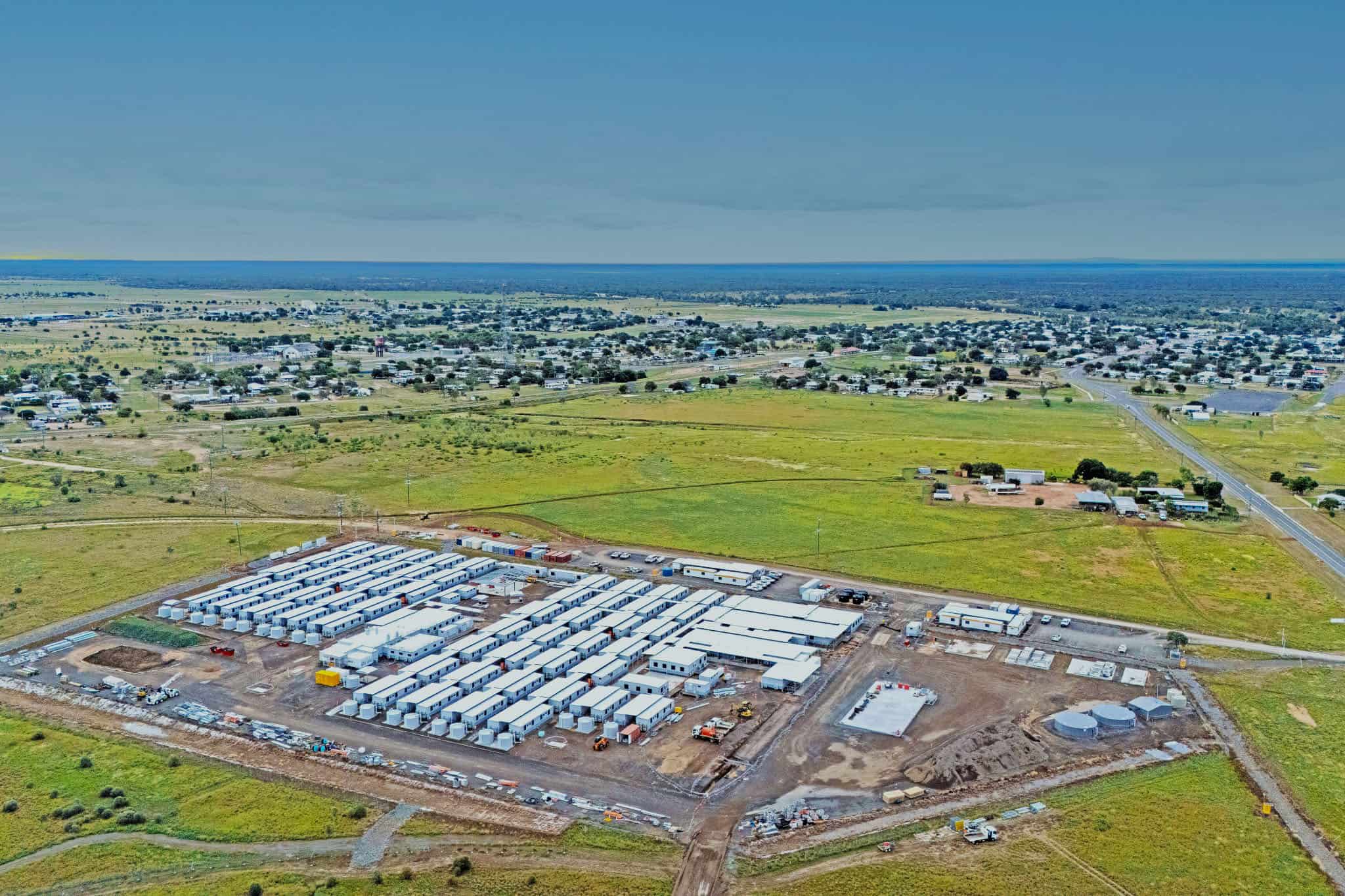 Aerial view of a temporary workers' accommodation camp developed for the CopperString project.