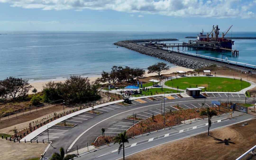 Aerial view of the Lucinda North Wall after rehabilitation works, showing the completed coastal protection structure.