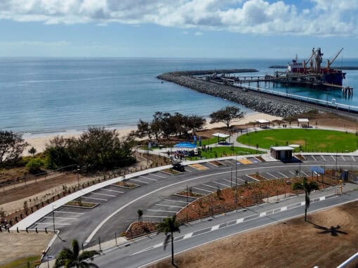 Aerial view of the Lucinda North Wall after rehabilitation works, showing the completed coastal protection structure.