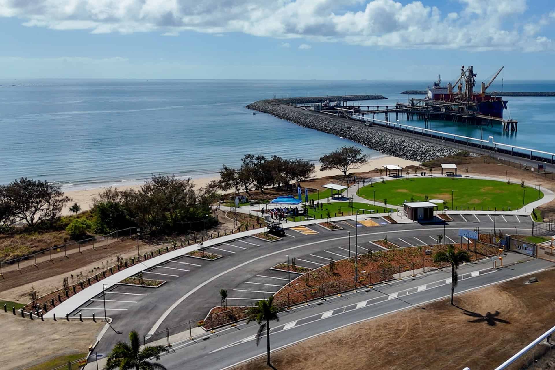 Aerial view of the Lucinda North Wall after rehabilitation works, showing the completed coastal protection structure.