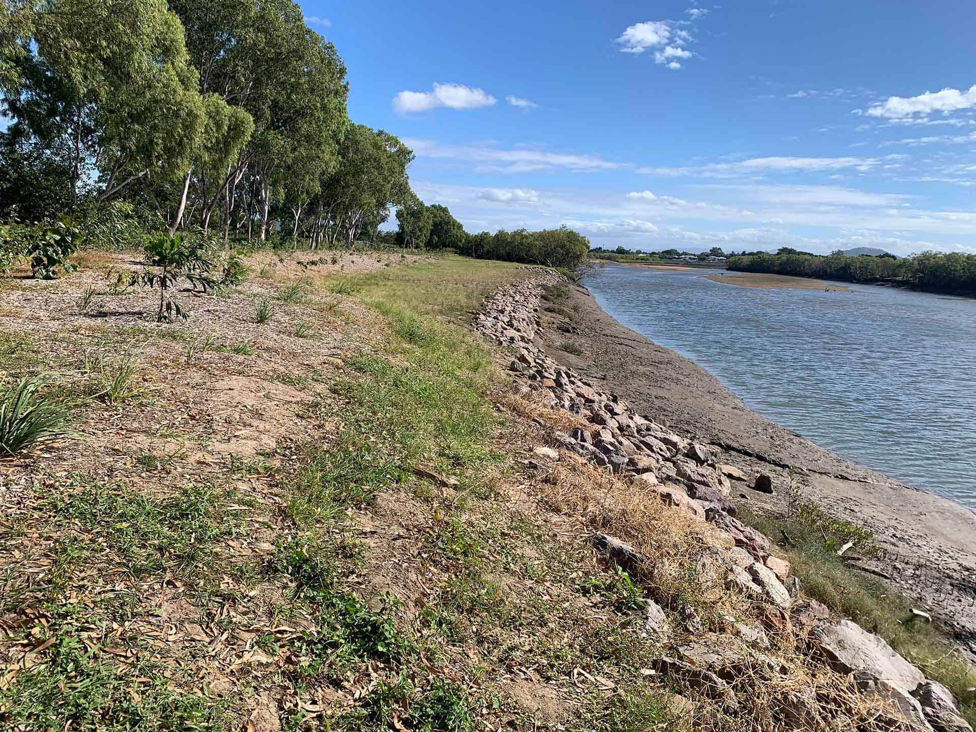 View of the Ross River bank at Oonoonba showing the rehabilitated riverbank and surrounding vegetation.