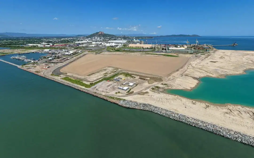 Aerial view of the Port of Townsville wind farm laydown area adjacent to port infrastructure.