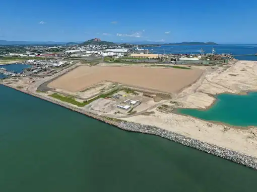 Aerial view of the Port of Townsville wind farm laydown area adjacent to port infrastructure.