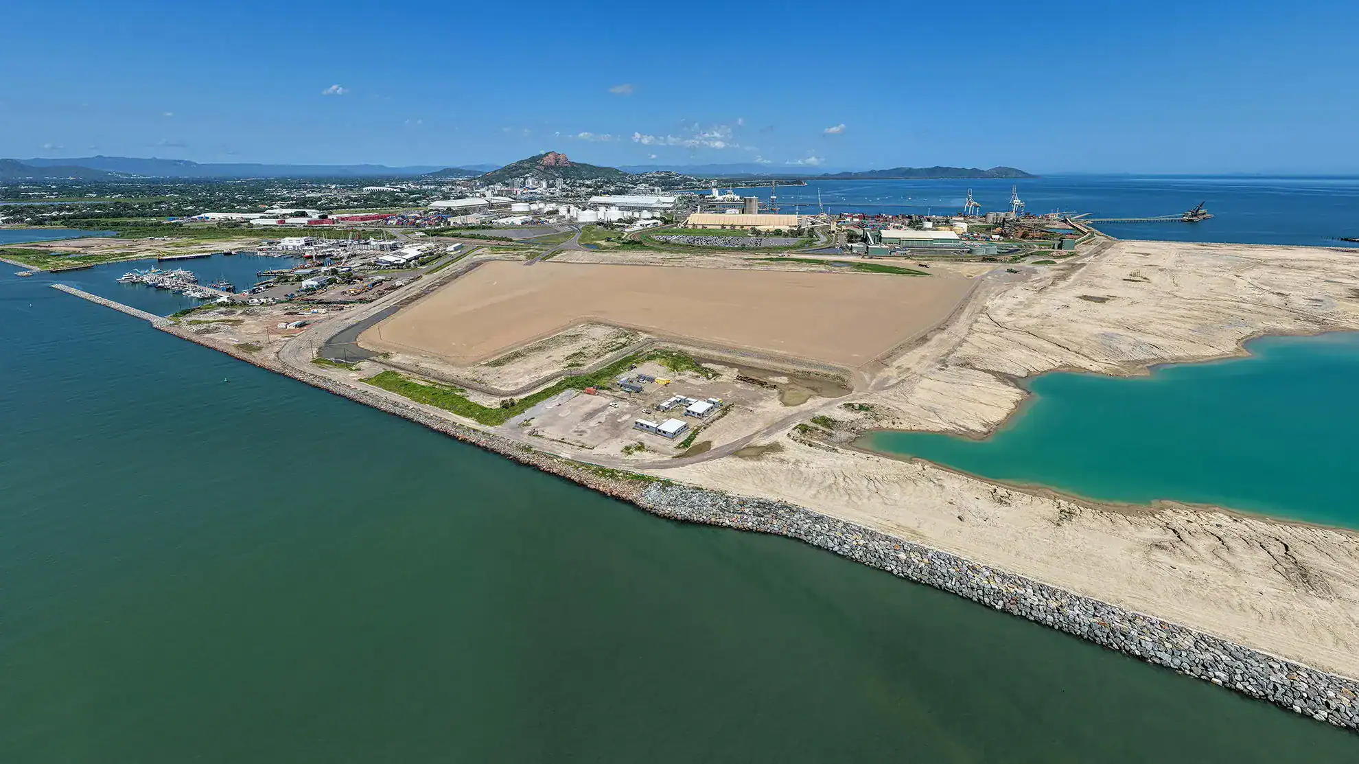 Aerial view of the Port of Townsville wind farm laydown area adjacent to port infrastructure.