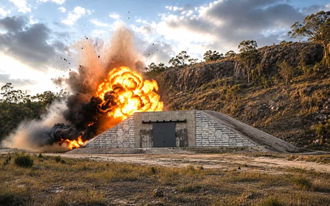 Concept illustration of a blast wall with an explosion and smoke.