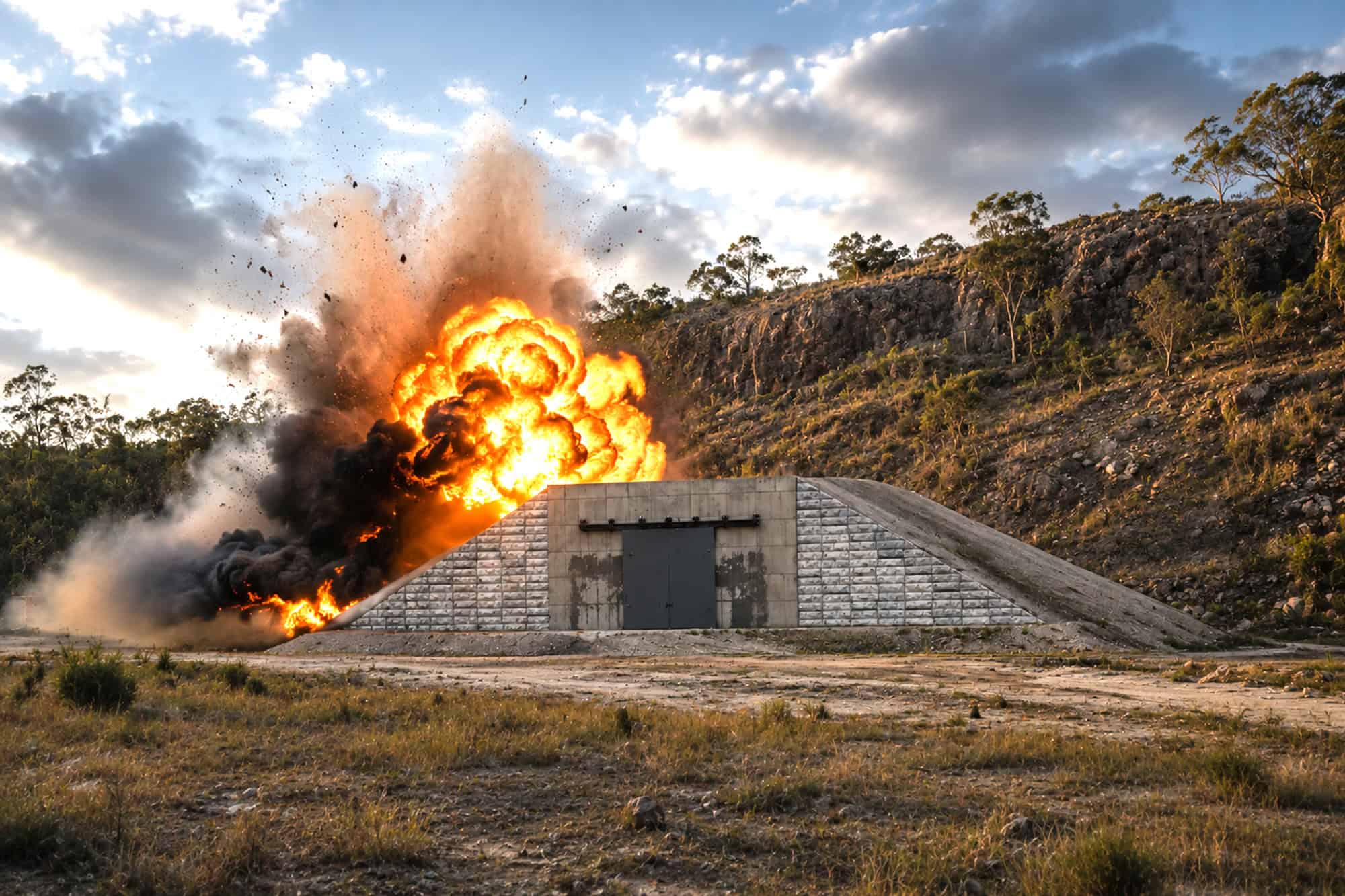 Concept illustration of a blast wall with an explosion and smoke.